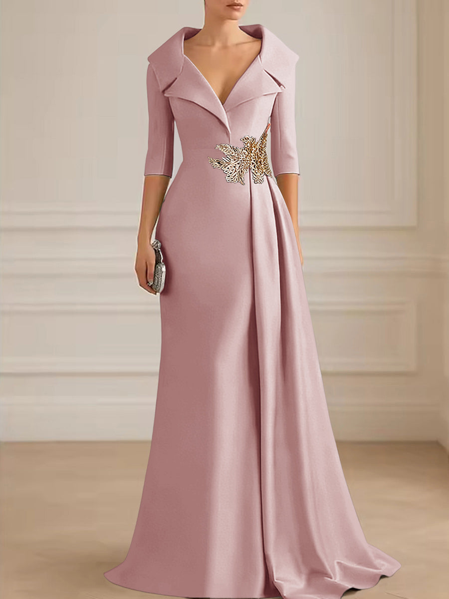 A-Line Satin V-Neck 3/4 Sleeve Mother of the Bride Dresses Floor-Length Ball Gown with Applique