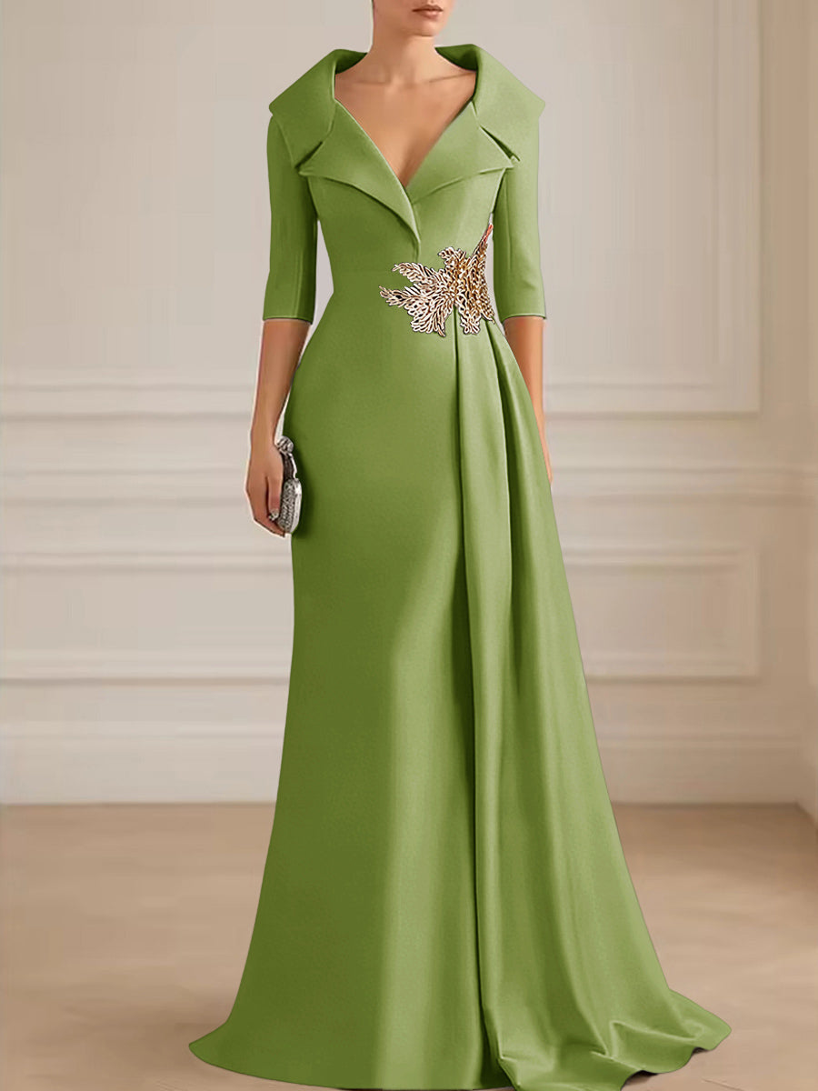 A-Line Satin V-Neck 3/4 Sleeve Mother of the Bride Dresses Floor-Length Ball Gown with Applique