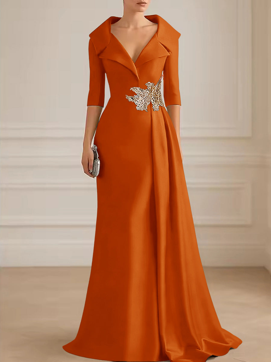 A-Line Satin V-Neck 3/4 Sleeve Mother of the Bride Dresses Floor-Length Ball Gown with Applique