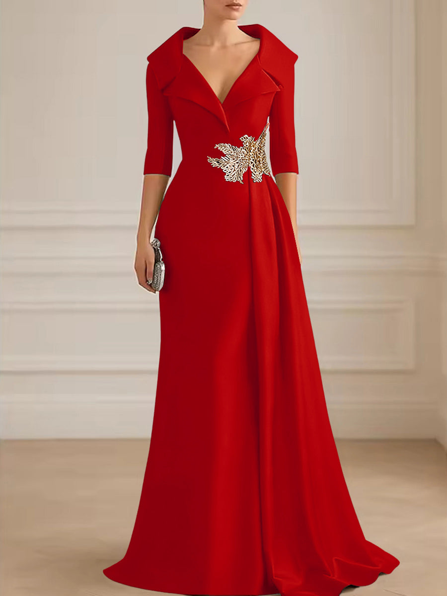 A-Line Satin V-Neck 3/4 Sleeve Mother of the Bride Dresses Floor-Length Ball Gown with Applique
