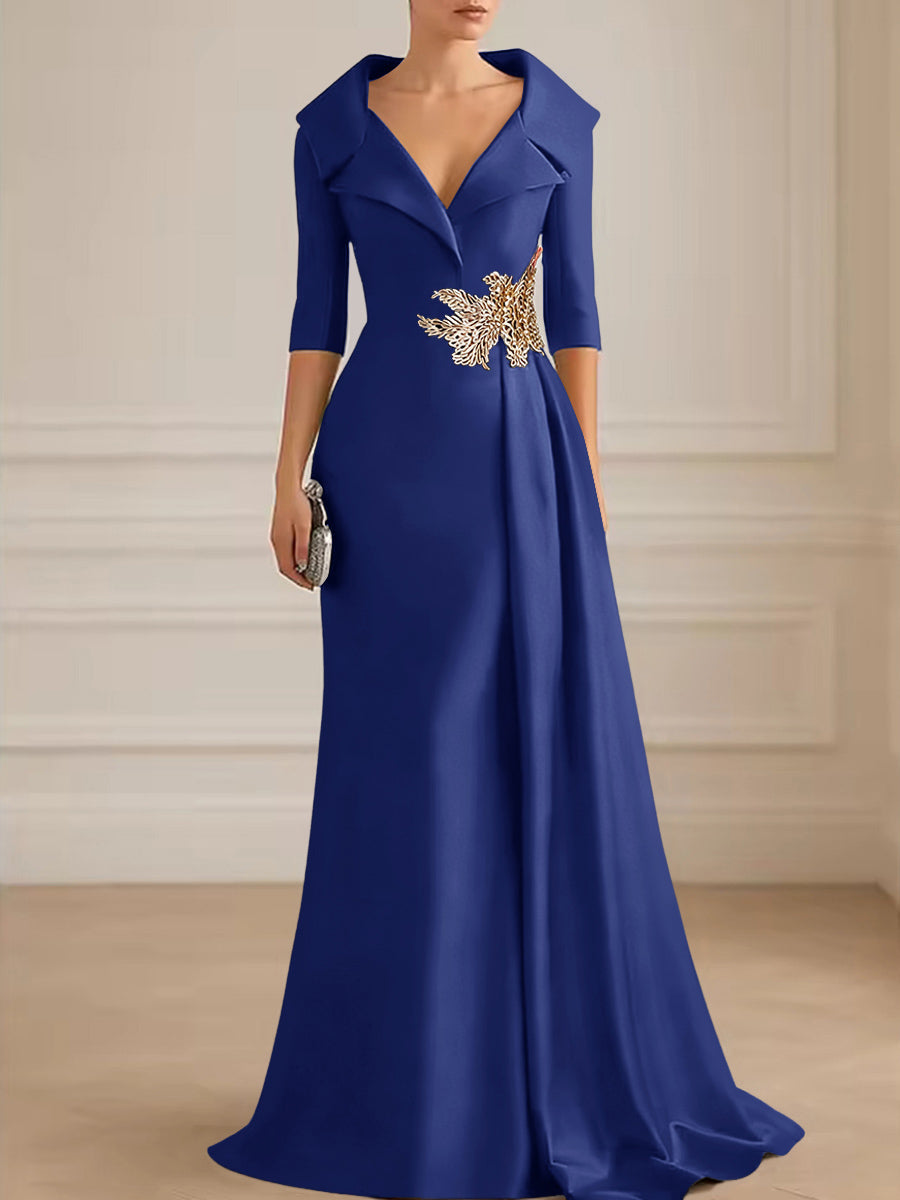 A-Line Satin V-Neck 3/4 Sleeve Mother of the Bride Dresses Floor-Length Ball Gown with Applique