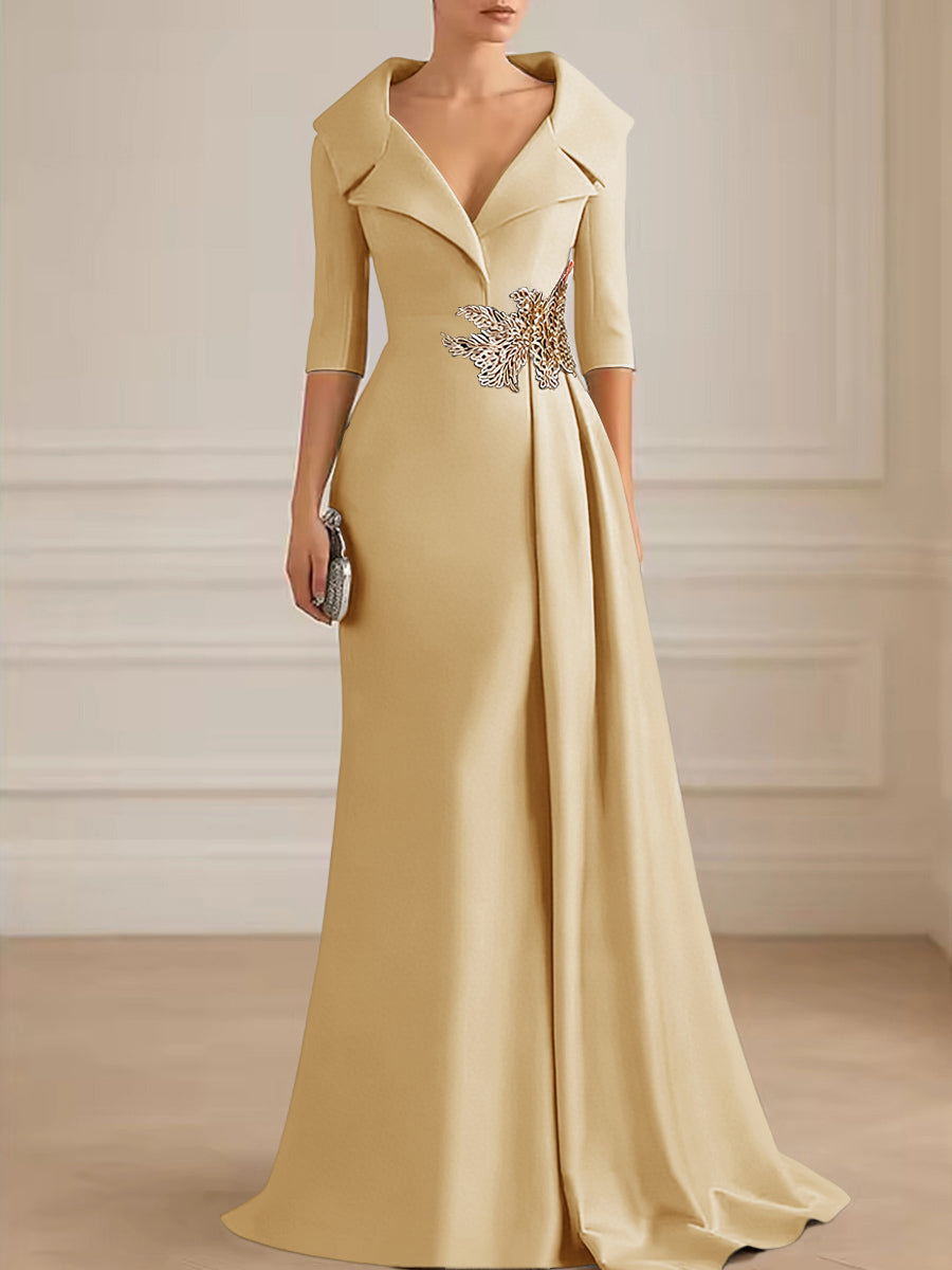 A-Line Satin V-Neck 3/4 Sleeve Mother of the Bride Dresses Floor-Length Ball Gown with Applique