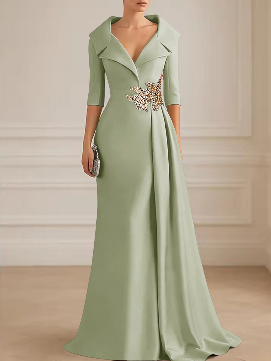 A-Line Satin V-Neck 3/4 Sleeve Mother of the Bride Dresses Floor-Length Ball Gown with Applique