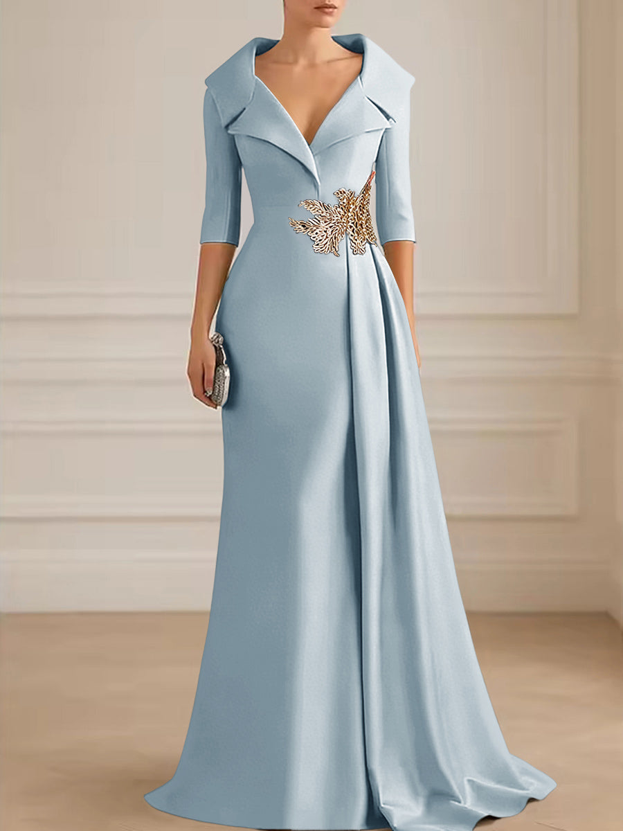A-Line Satin V-Neck 3/4 Sleeve Mother of the Bride Dresses Floor-Length Ball Gown with Applique