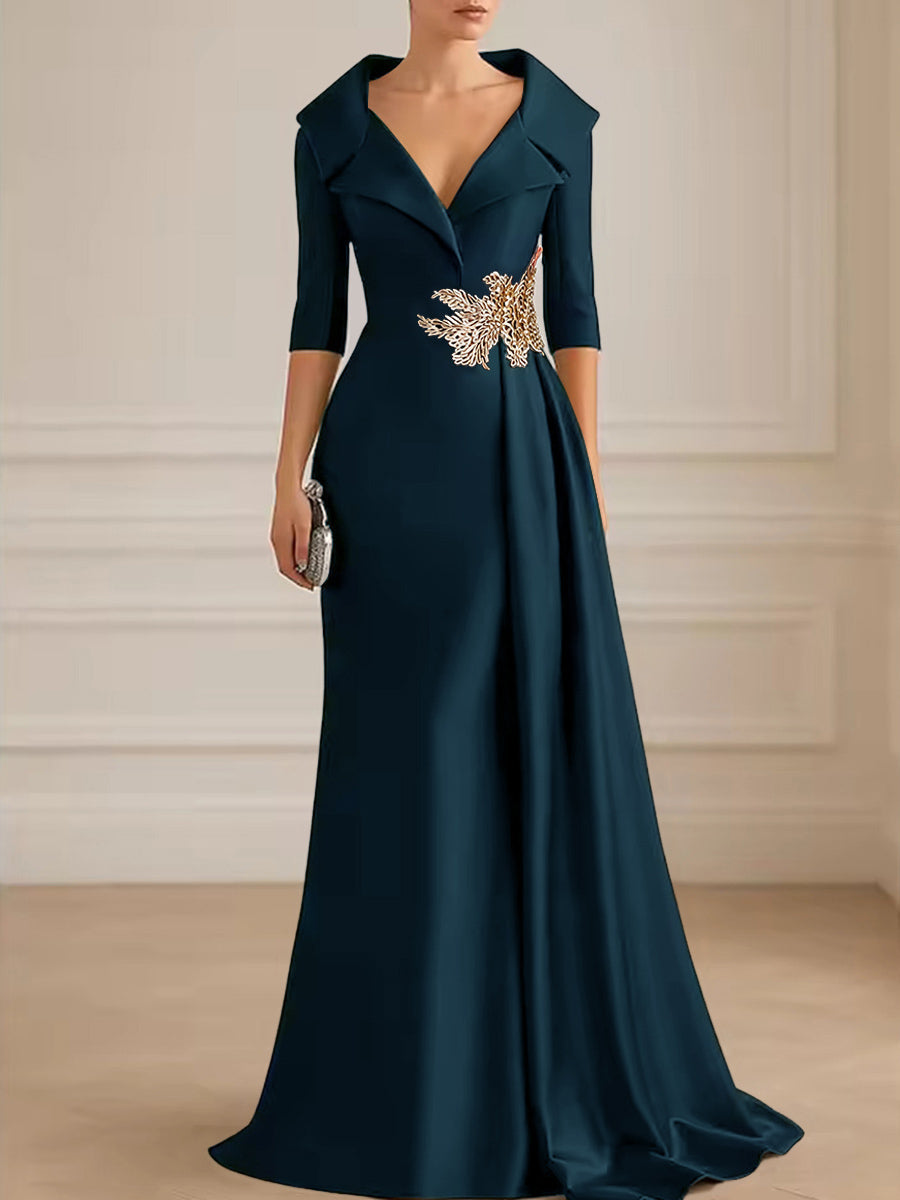 A-Line Satin V-Neck 3/4 Sleeve Mother of the Bride Dresses Floor-Length Ball Gown with Applique