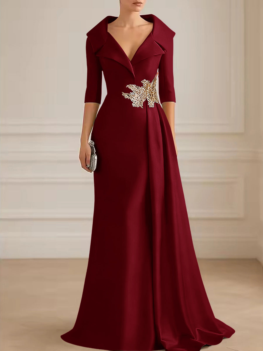 A-Line Satin V-Neck 3/4 Sleeve Mother of the Bride Dresses Floor-Length Ball Gown with Applique