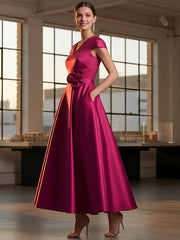 A-Line Satin V-Neck Cap Sleeve Mother of the Bride Dresses Ankle-Length with Flower