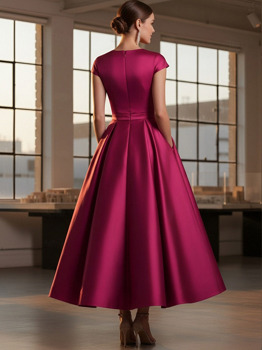 A-Line Satin V-Neck Cap Sleeve Mother of the Bride Dresses Ankle-Length with Flower
