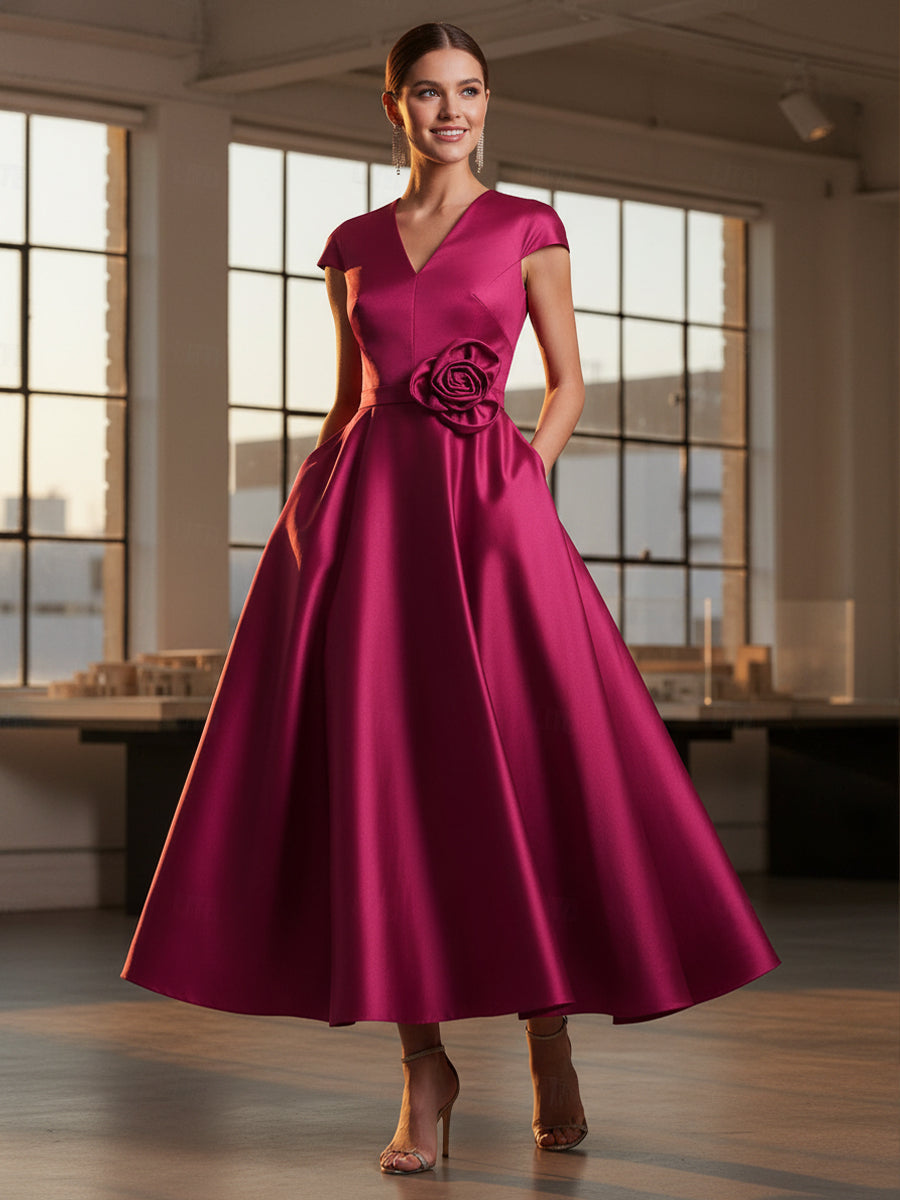 A-Line Satin V-Neck Cap Sleeve Mother of the Bride Dresses Ankle-Length with Flower