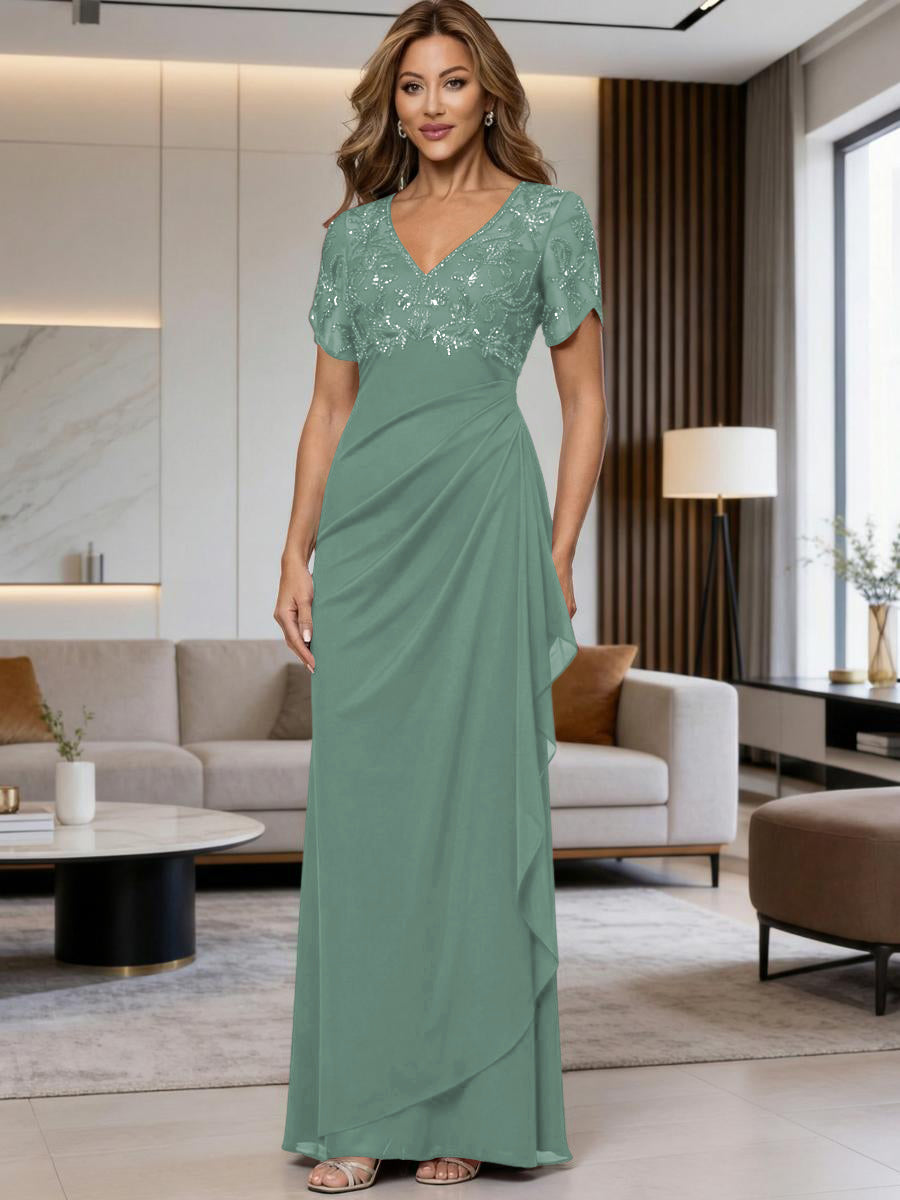 A-Line Chiffon V-Neck Short Sleeve Mother of the Bride Dresses Floor-Length with Sequin Appliques