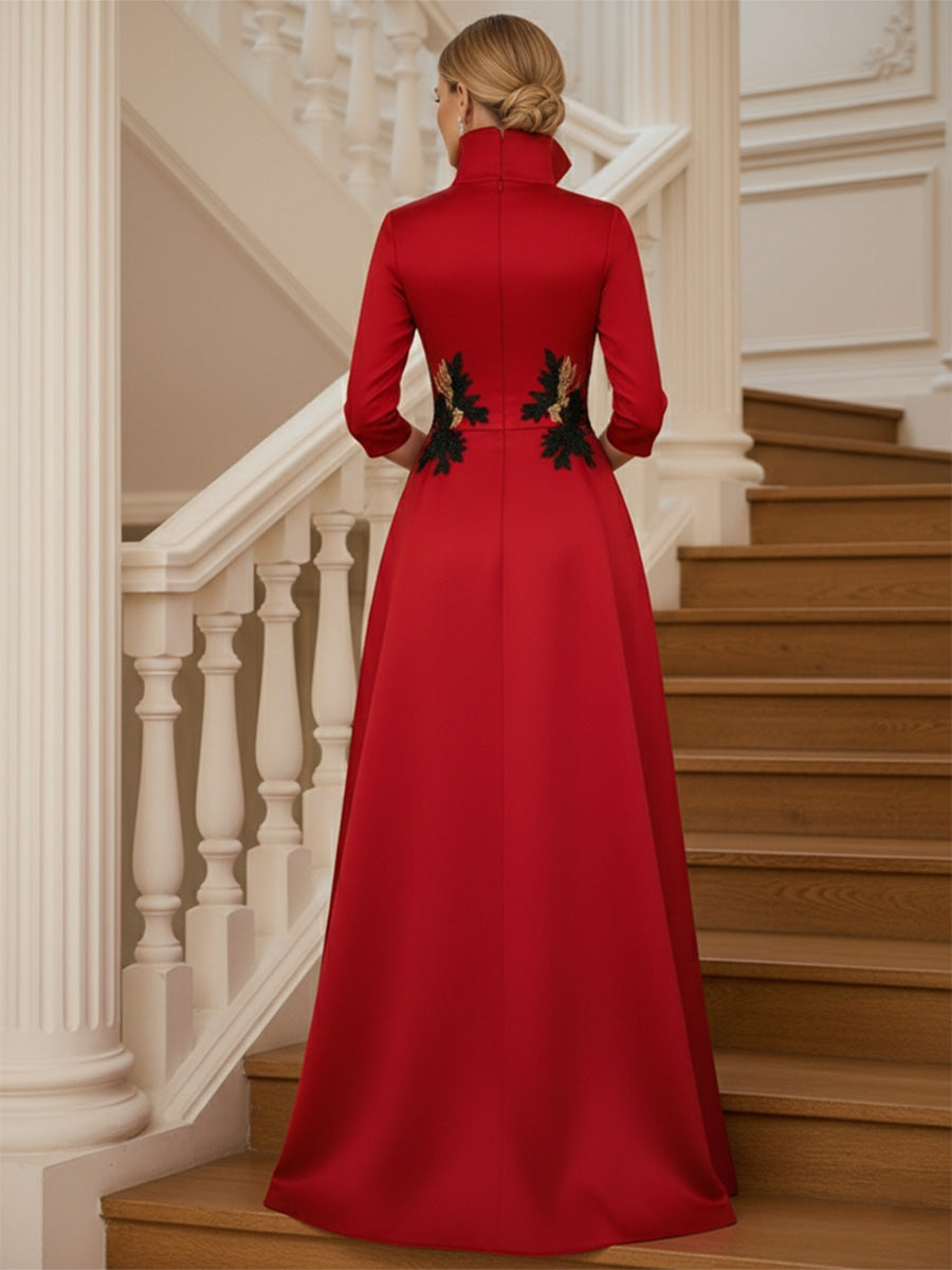 A Line 3/4 Sleeve Stand Collar with V-Neck Floor Length Mother of the Bride Dresses