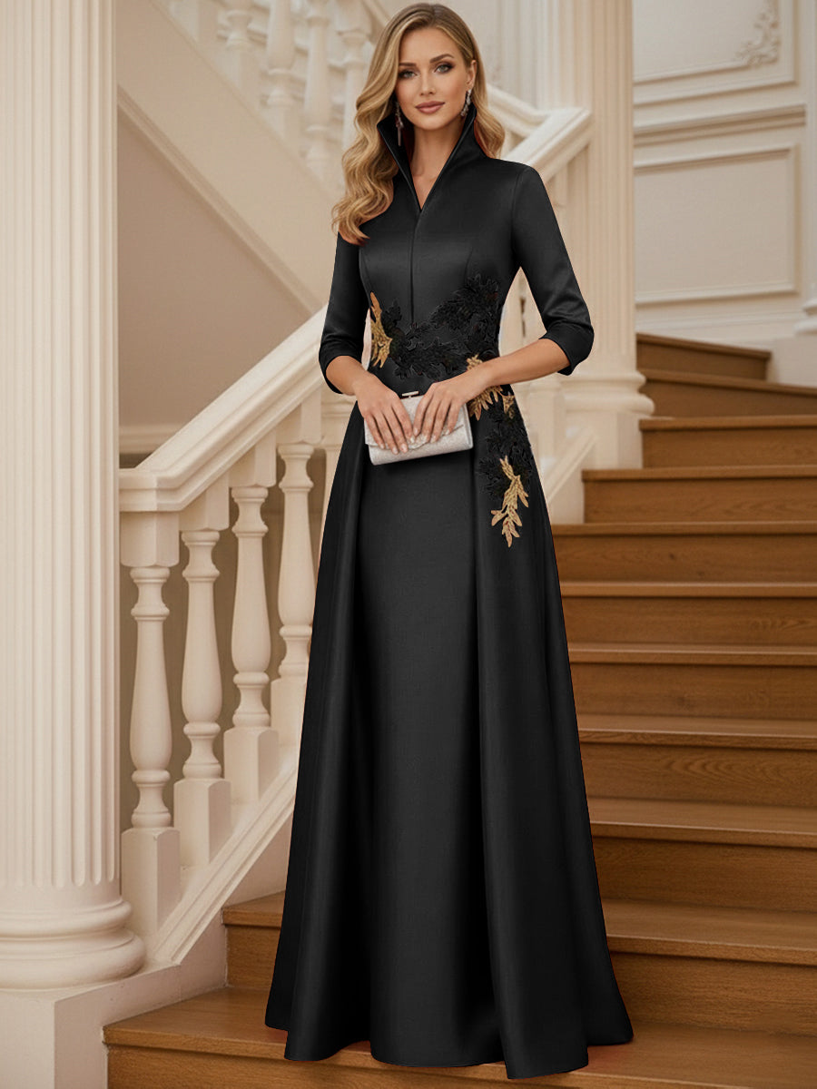 A Line 3/4 Sleeve Stand Collar with V-Neck Floor Length Mother of the Bride Dresses