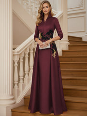 A Line 3/4 Sleeve Stand Collar with V-Neck Floor Length Mother of the Bride Dresses