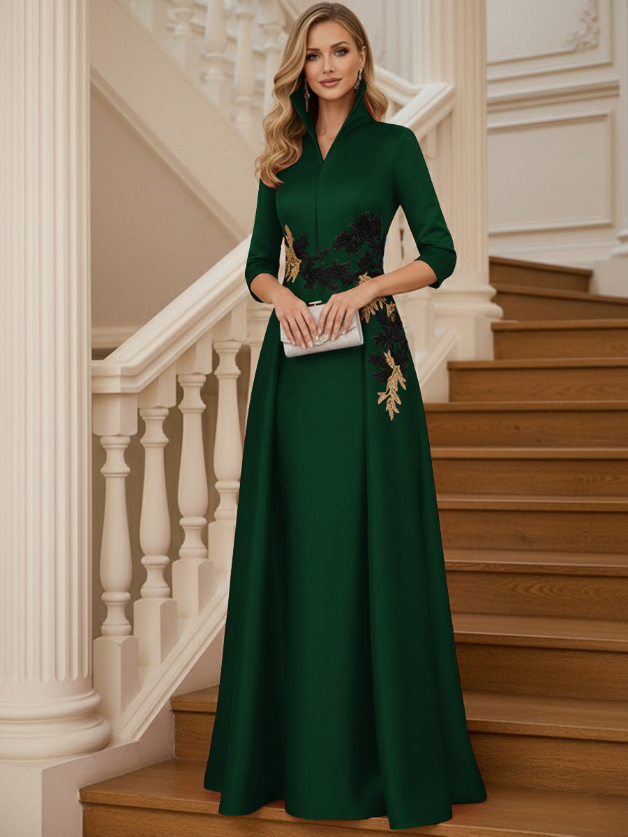 A Line 3/4 Sleeve Stand Collar with V-Neck Floor Length Mother of the Bride Dresses