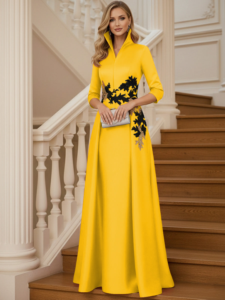 A Line 3/4 Sleeve Stand Collar with V-Neck Floor Length Mother of the Bride Dresses