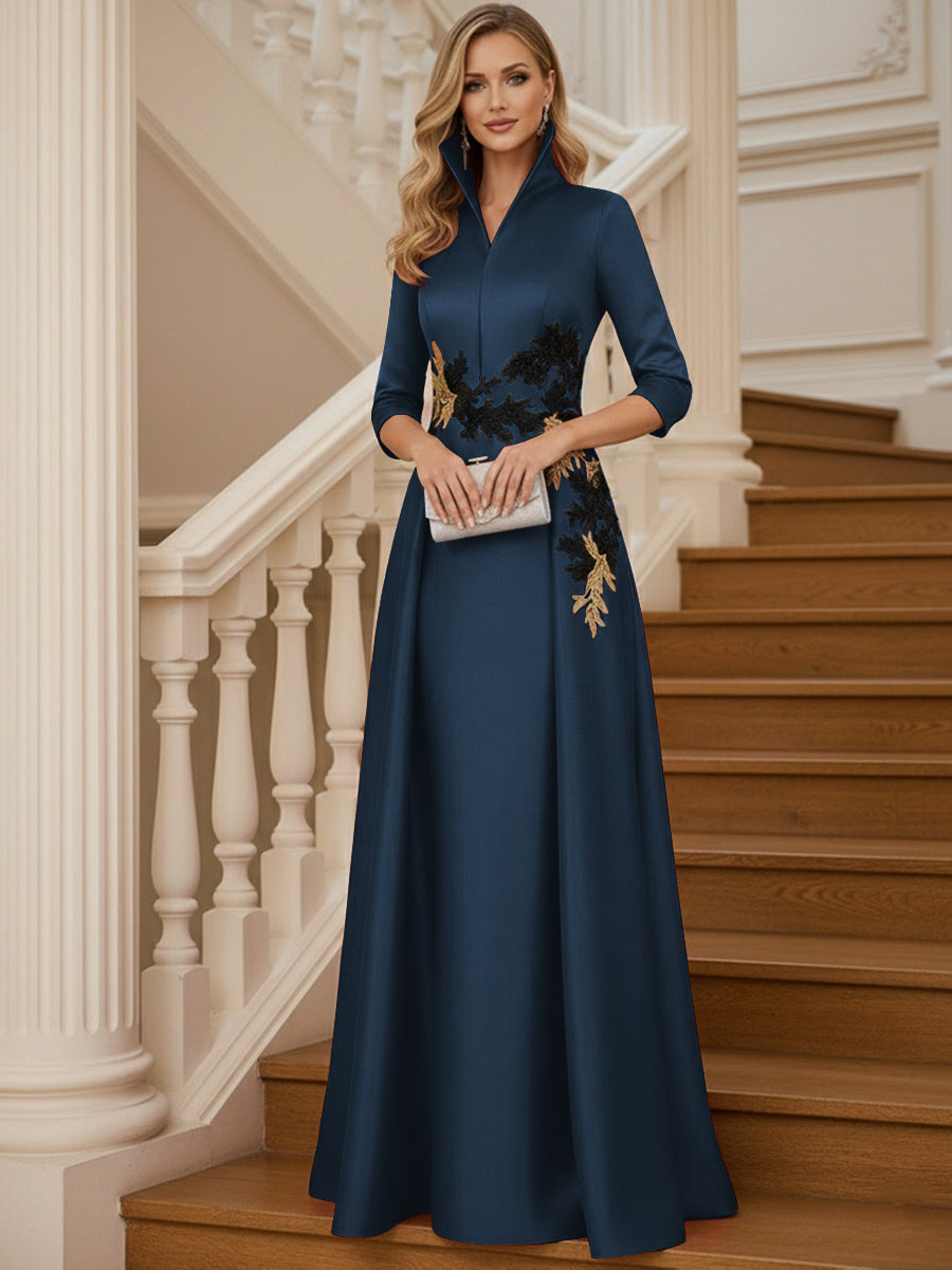 A Line 3/4 Sleeve Stand Collar with V-Neck Floor Length Mother of the Bride Dresses