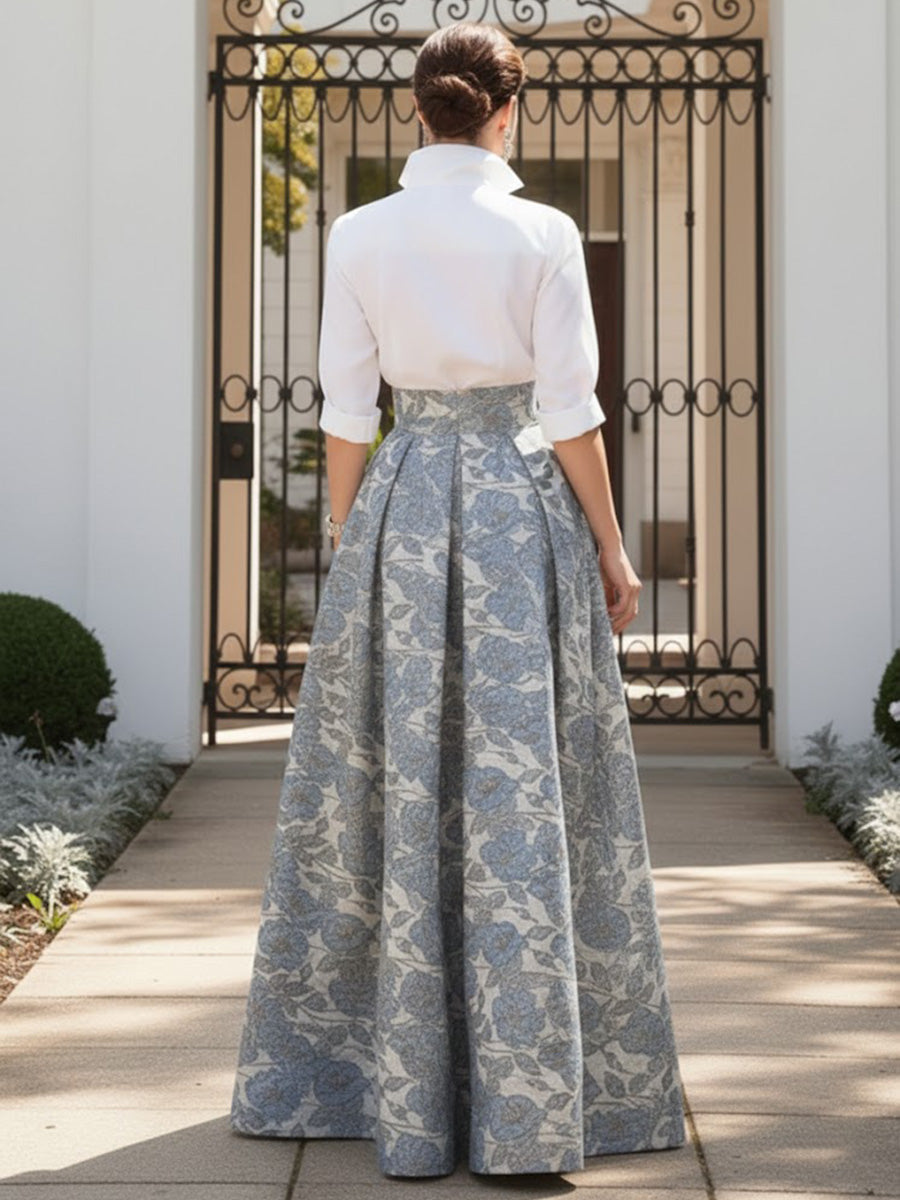 A Line V-Neck Stand Collar Half Sleeve Long Mother of the Bride Dresses with Jacquard