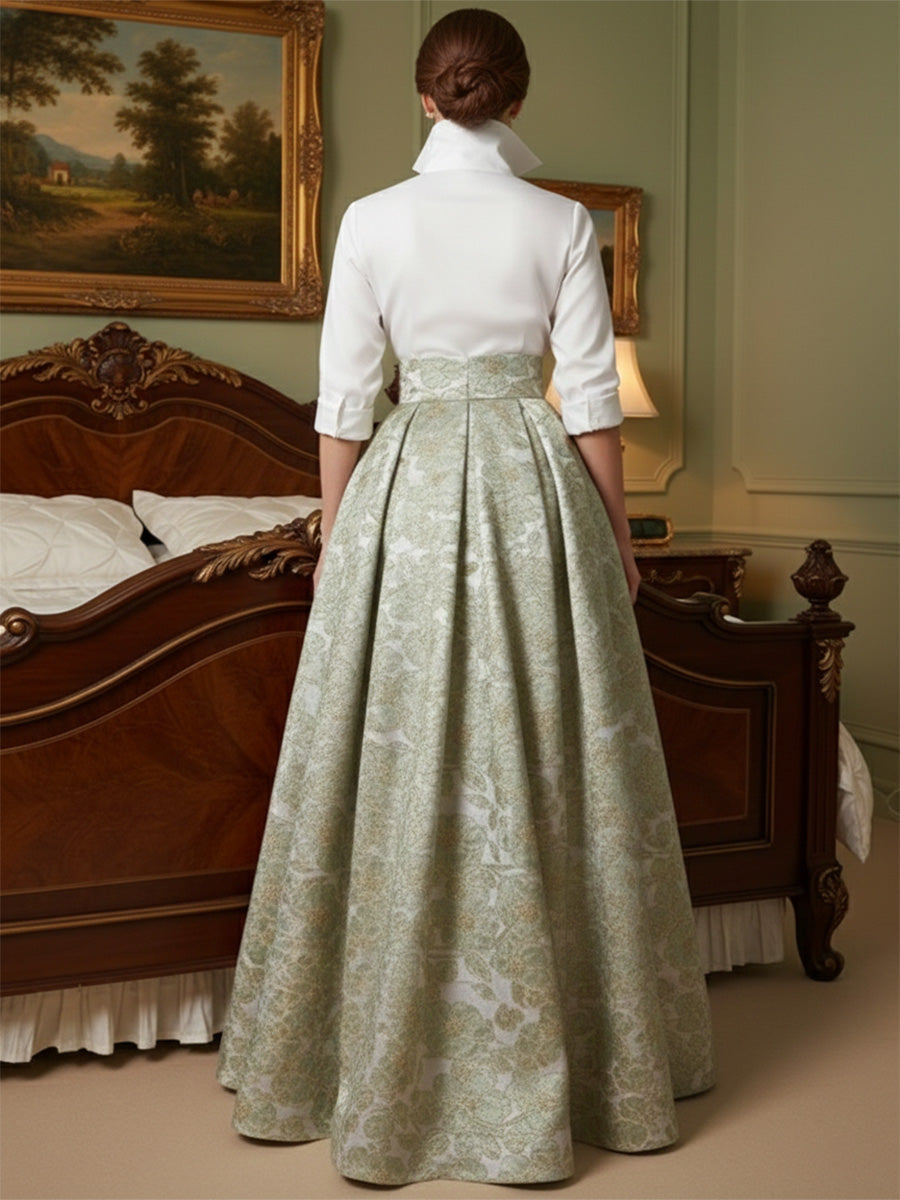 A Line V-Neck Stand Collar Half Sleeve Long Mother of the Bride Dresses with Jacquard