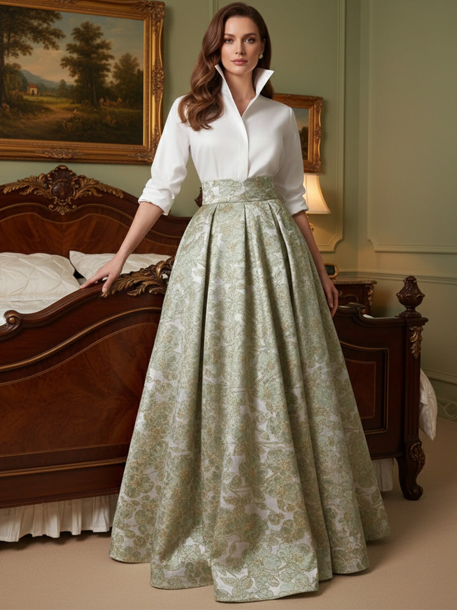 A Line V-Neck Stand Collar Half Sleeve Long Mother of the Bride Dresses with Jacquard