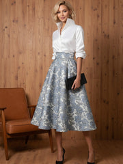 A Line V-Neck Stand Collar Half Sleeve Tea-Length Mother of the Bride Dresses with Jacquard