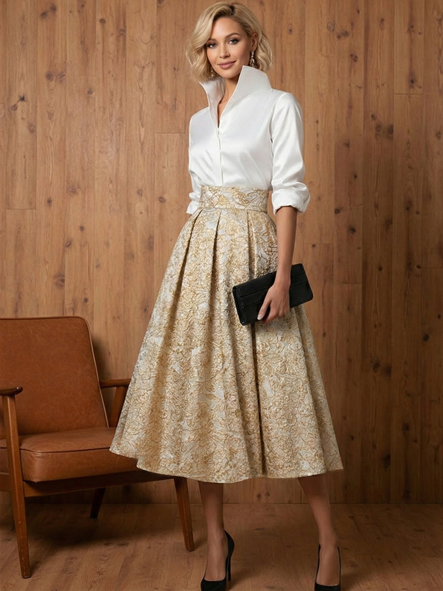 A Line V-Neck Stand Collar Half Sleeve Tea-Length Mother of the Bride Dresses with Jacquard