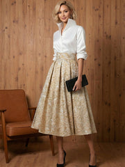 A Line V-Neck Stand Collar Half Sleeve Tea-Length Mother of the Bride Dresses with Jacquard