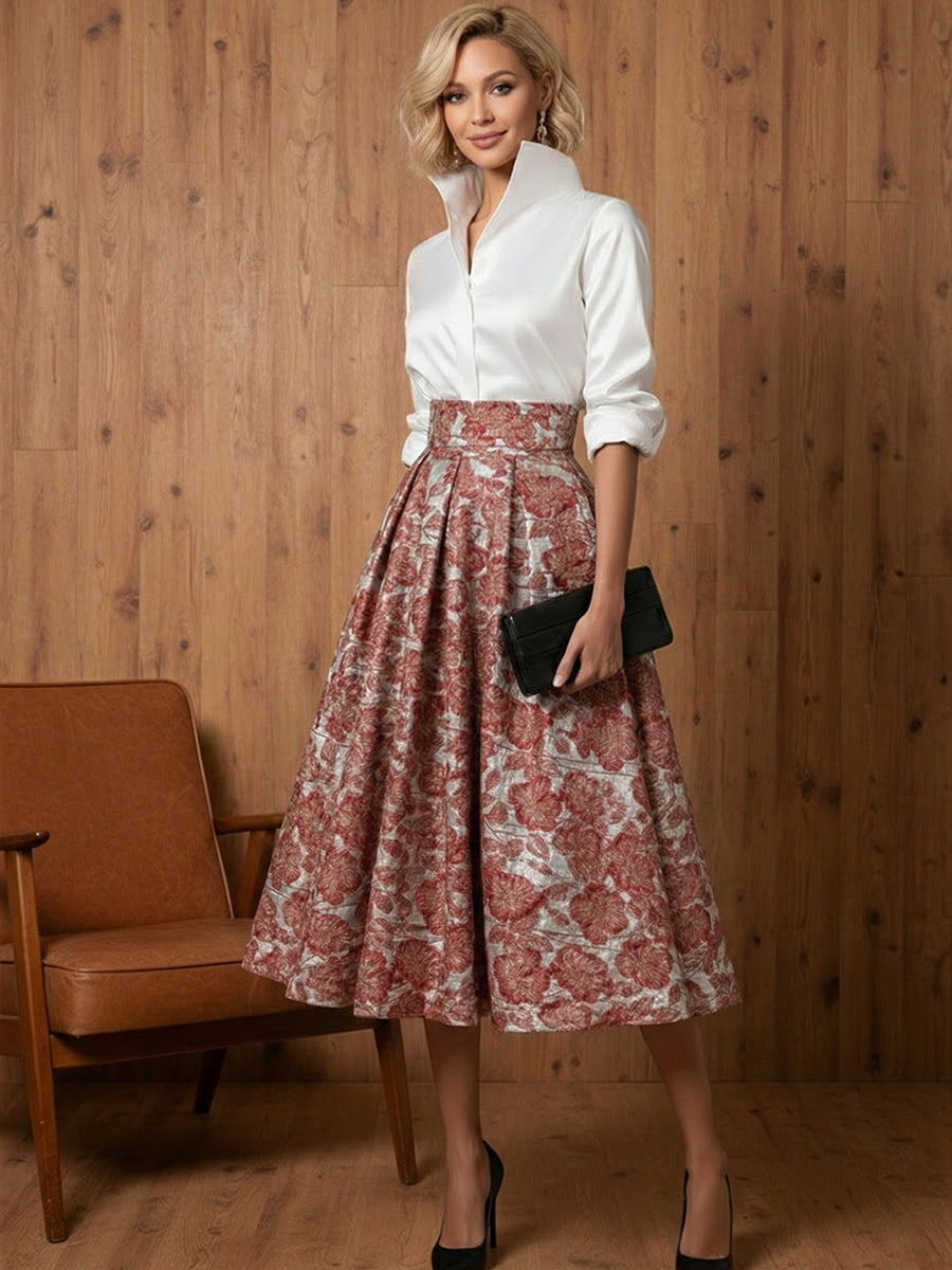 A Line V-Neck Stand Collar Half Sleeve Tea-Length Mother of the Bride Dresses with Jacquard