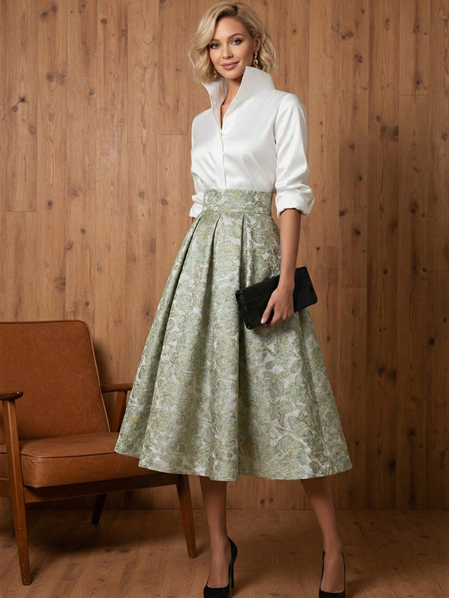 A Line V-Neck Stand Collar Half Sleeve Tea-Length Mother of the Bride Dresses with Jacquard