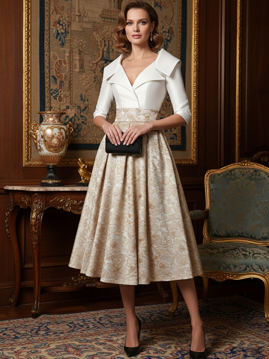 A Line V-Neck Shawl Collar Half Sleeve Tea-Length Mother of the Bride Dresses with Jacquard