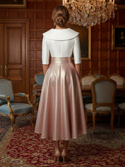 A Line Metallic Shawl Collar Half Sleeve Tea Length Mother of the Bride Dresses