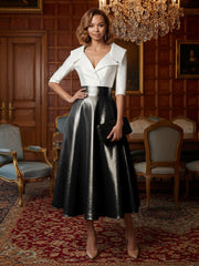 A Line Metallic Shawl Collar Half Sleeve Tea Length Mother of the Bride Dresses
