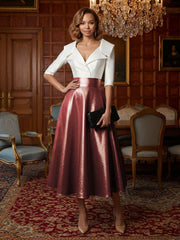 A Line Metallic Shawl Collar Half Sleeve Tea Length Mother of the Bride Dresses