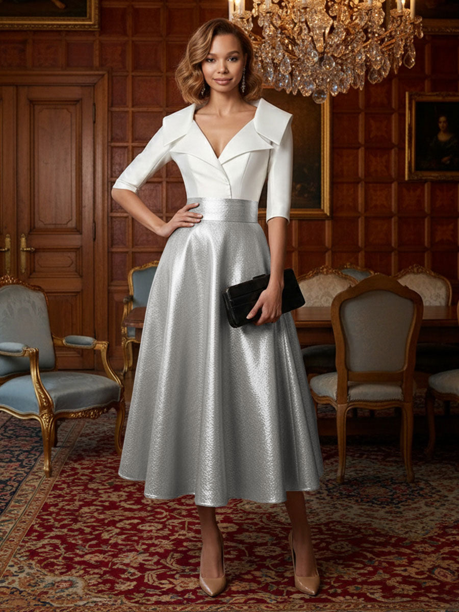 A Line Metallic Shawl Collar Half Sleeve Tea Length Mother of the Bride Dresses