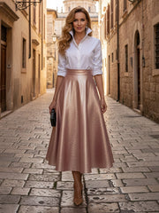 A Line Metallic Stand Collar with V-Neck Half Sleeve Tea Length Mother of the Bride Dresses