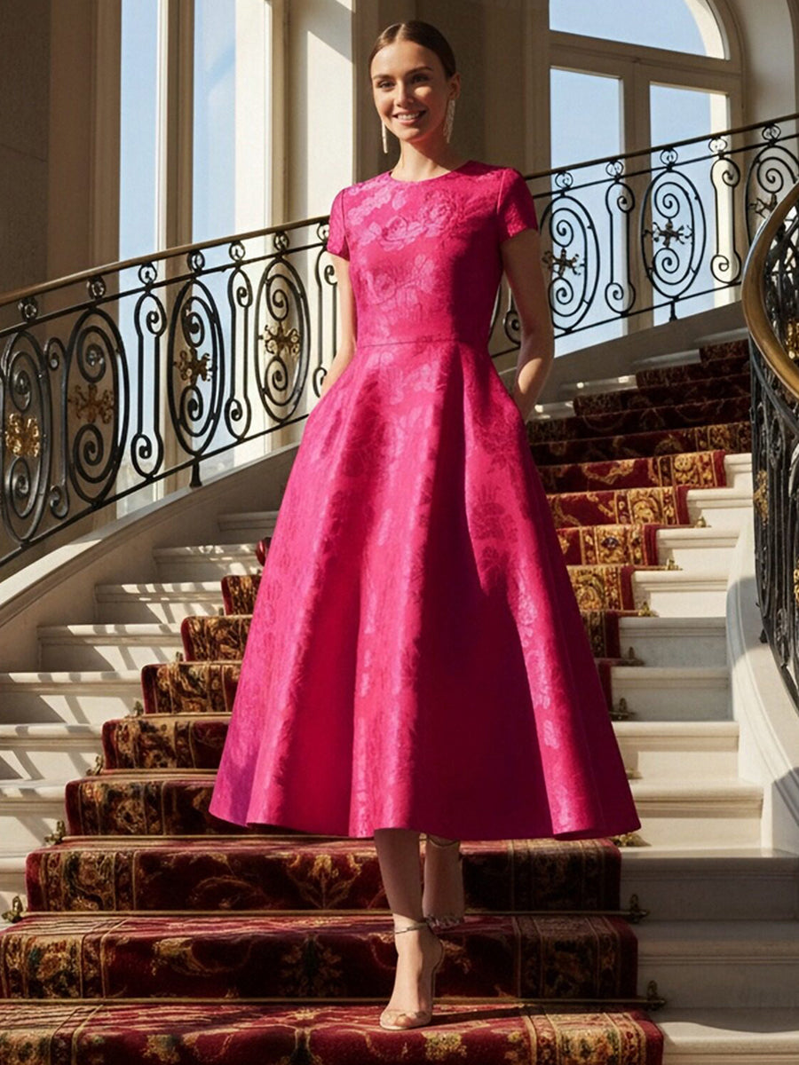 A-Line Jacquard Short Cap Sleeve Tea-Length Mother of the Bride Dresses