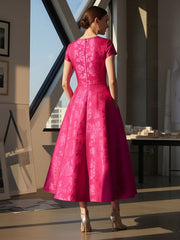 A-Line Jacquard Short Cap Sleeve Tea-Length Mother of the Bride Dresses