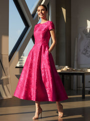 A-Line Jacquard Short Cap Sleeve Tea-Length Mother of the Bride Dresses