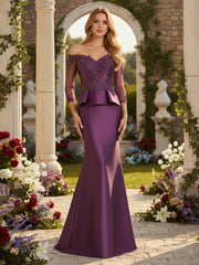 3/4 Sleeve Lace Applique Satin Mermaid Mother of the Bride & Groom Dresses Evening Gown