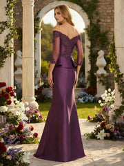 3/4 Sleeve Lace Applique Satin Mermaid Mother of the Bride & Groom Dresses Evening Gown