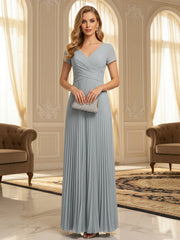 A-Line Pleated Chiffon V-Neck Formal Dresses with Short Sleeve