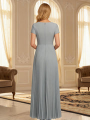 A-Line Pleated Chiffon V-Neck Formal Dresses with Short Sleeve
