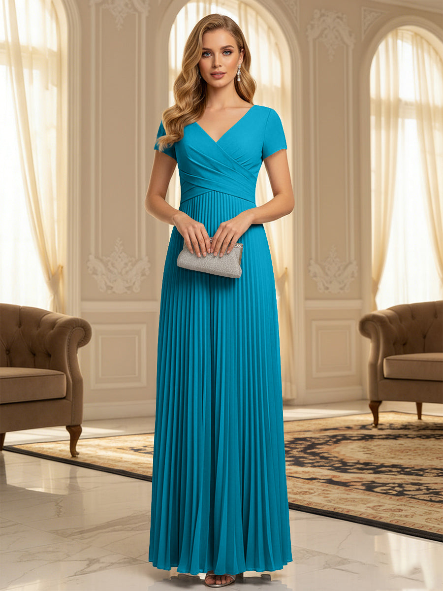 A-Line Pleated Chiffon V-Neck Formal Dresses with Short Sleeve