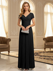 A-Line Pleated Chiffon V-Neck Formal Dresses with Short Sleeve