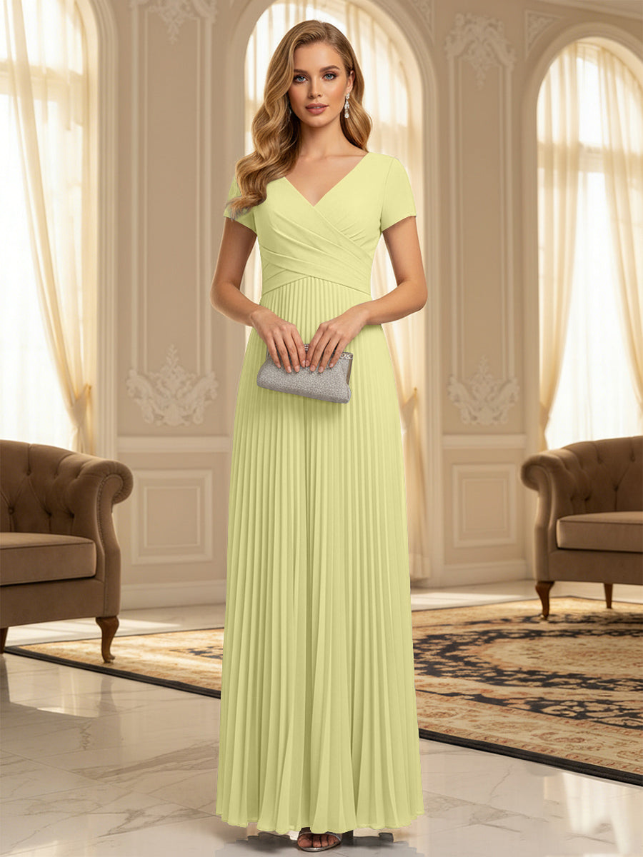 A-Line Pleated Chiffon V-Neck Formal Dresses with Short Sleeve