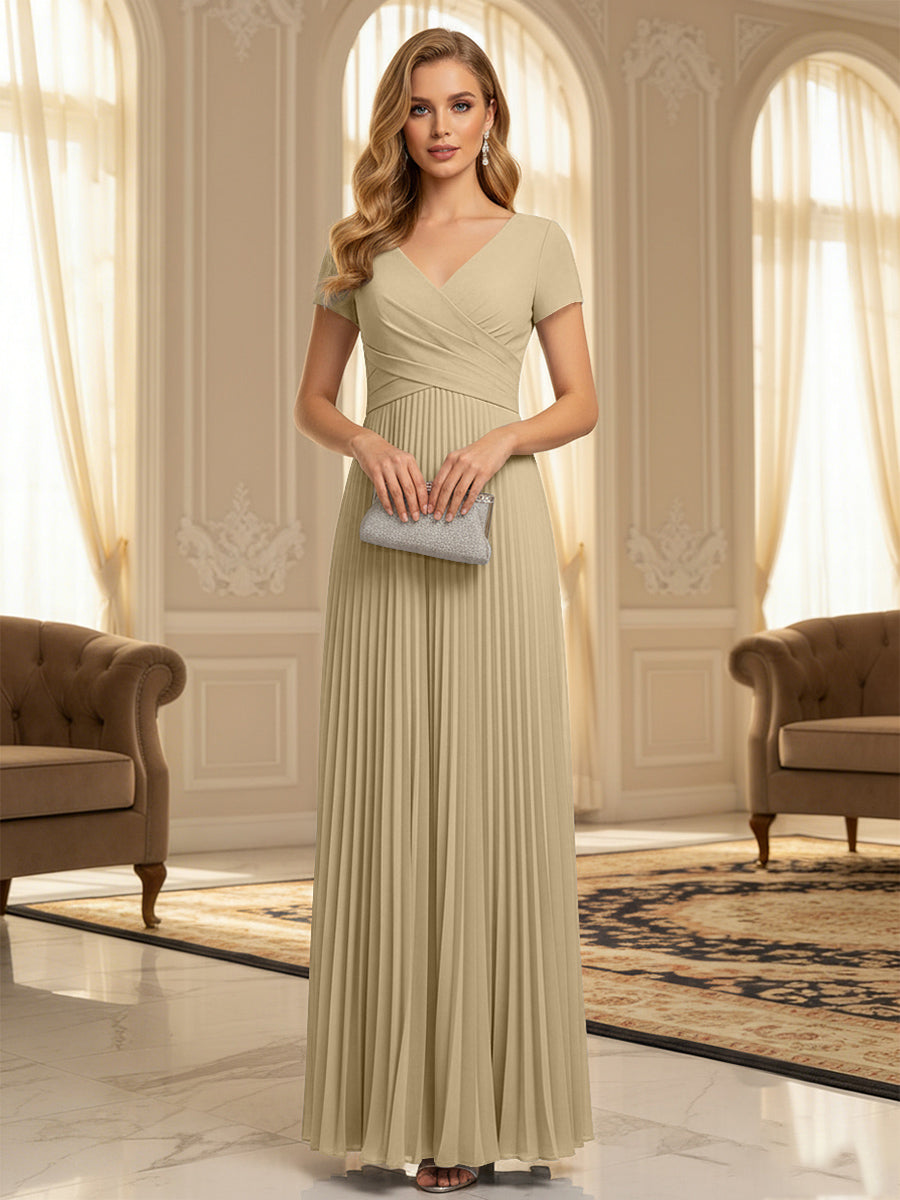 A-Line Pleated Chiffon V-Neck Formal Dresses with Short Sleeve