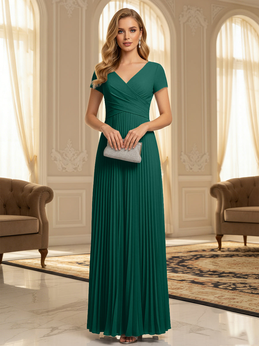 A-Line Pleated Chiffon V-Neck Formal Dresses with Short Sleeve