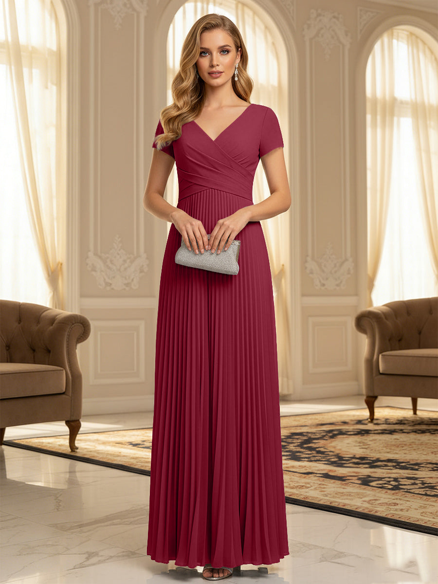 A-Line Pleated Chiffon V-Neck Formal Dresses with Short Sleeve