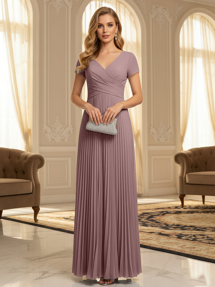 A-Line Pleated Chiffon V-Neck Formal Dresses with Short Sleeve