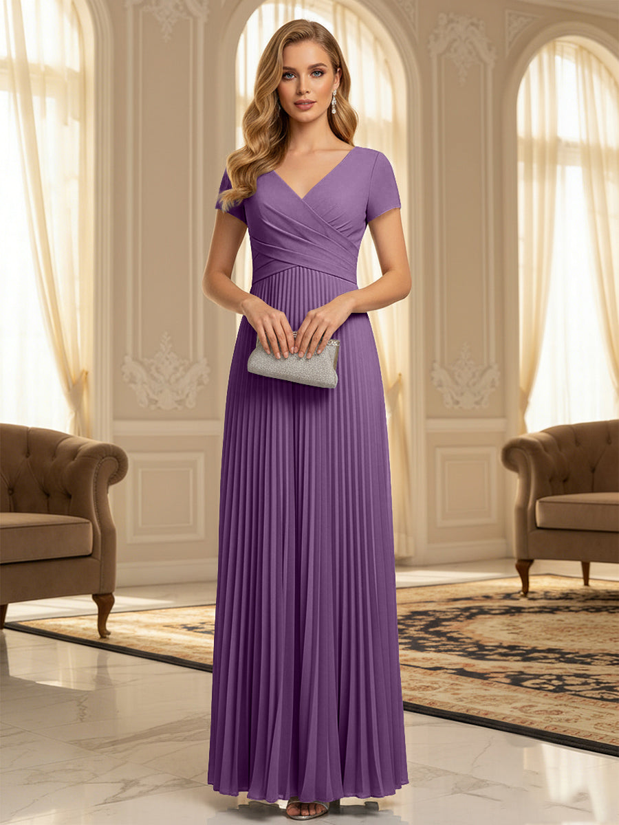 A-Line Pleated Chiffon V-Neck Formal Dresses with Short Sleeve