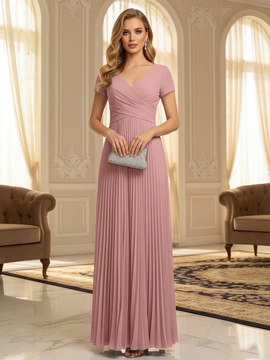 A-Line Pleated Chiffon V-Neck Formal Dresses with Short Sleeve